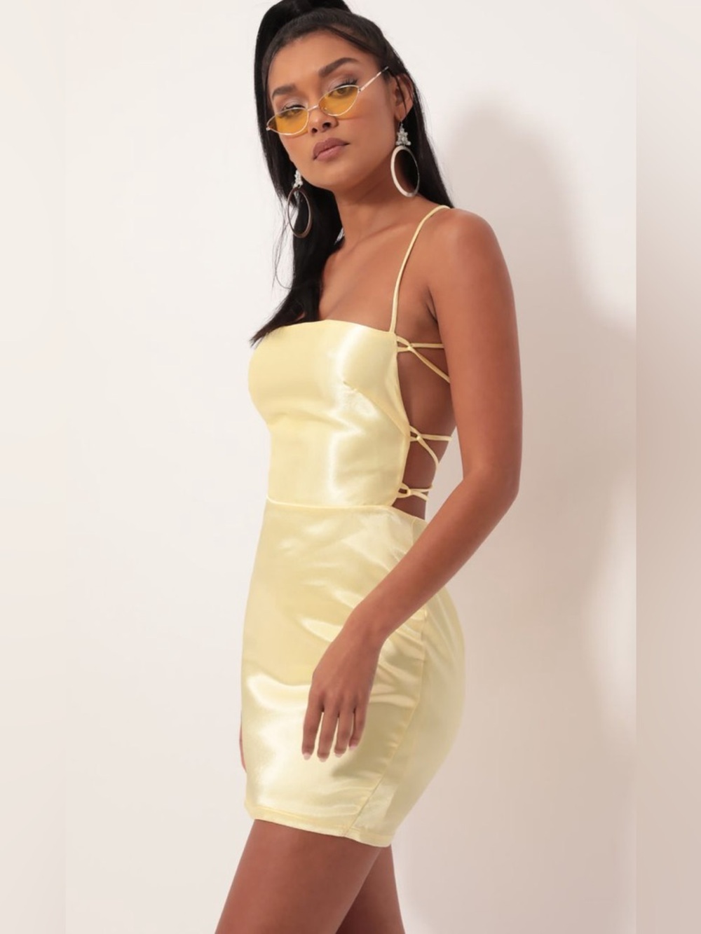 Lucy in the Sky Lulu Satin Lace Up Light Yellow Slip Dress Medium Homecoming Min